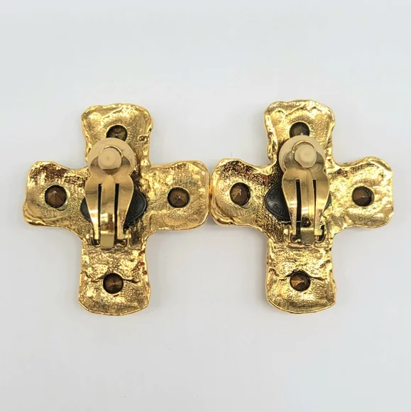 Christian LaCroix Textured Gold Cross Statement Earrings with Swarovski Crystals